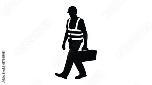 Construction worker walking with toolbox in hand