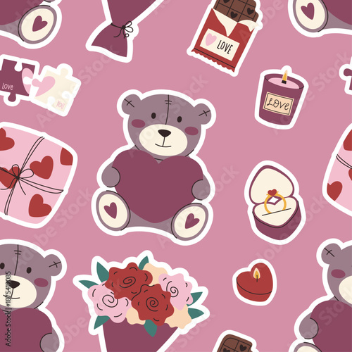 Valentines day seamless pattern for gifts and wrapping with teddy bears and romantic elements.