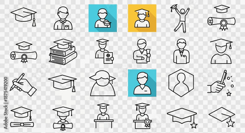 Education Icons Featuring Graduates and Students.