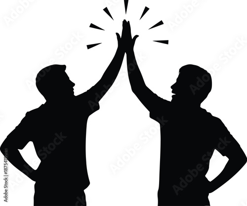 Two friends celebrate a successful achievement with a dynamic, energetic high-five silhouette against a white background.