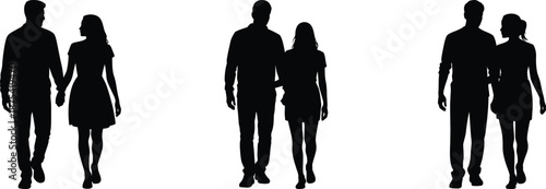 Three pairs of young romantic couples are shown as dark silhouettes walking closely together, suggesting companionship and dating life.
