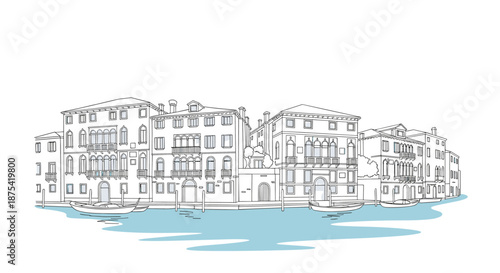 Charming architectural sketch of venetian buildings along a canal in italy featuring historic facades and gondolas floating on calm blue water.