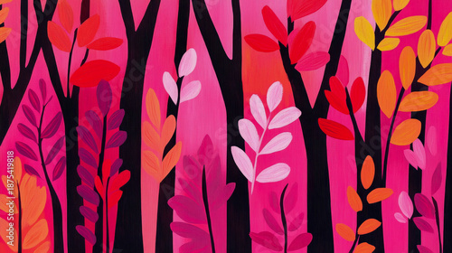 Vibrant and stylized abstract painting of bold pink forest featuring dark black tree trunks contrasting with brightly colored foliage painted in energetic red, orange, and fuchsia hues.