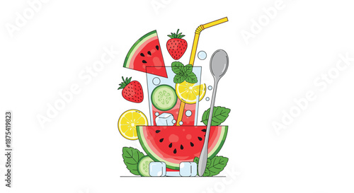 Refreshing summer cocktail design featuring a glass of fruit infused water with watermelon slices, strawberries, lemon, cucumber, and mint leaves.