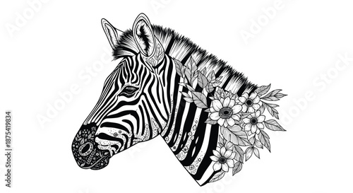 Artistic black and white illustration of a zebra head adorned with intricate floral patterns and blooming flowers in a detailed bohemian style.