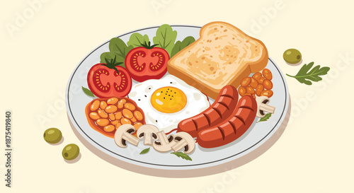 Hearty full english breakfast plate with a fried egg, two sausages, baked beans, mushrooms, tomato halves, and toast served with green olives.