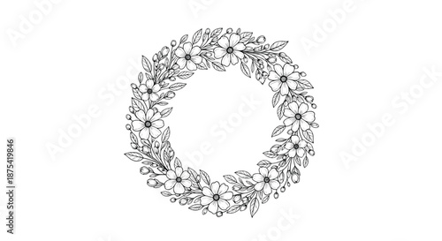 Detailed black and white botanical wreath composed of delicate flowers, leaves, and buds arranged in a perfect circular frame for invitations.