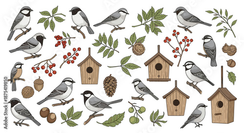 Nature collection featuring small birds perched on branches, wooden birdhouses, red berries, pinecones, and various tree leaves on a white background.