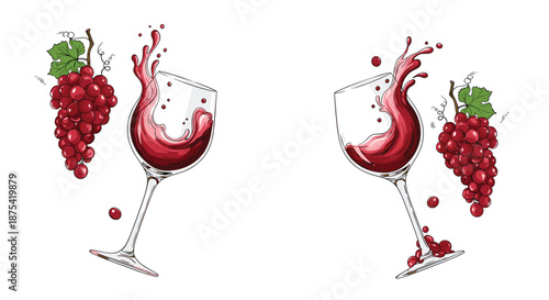 Dynamic composition of two glasses of red wine with splashing liquid and floating droplets paired with large bunches of purple grapes.