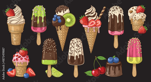 Delicious assortment of colorful ice creams including cones, popsicles, and a chocolate dessert decorated with fresh fruits and berries.
