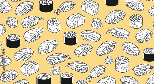 Playful seamless pattern of diverse sushi types including nigiri, maki rolls, and gunkan on a warm yellow background for food branding projects.