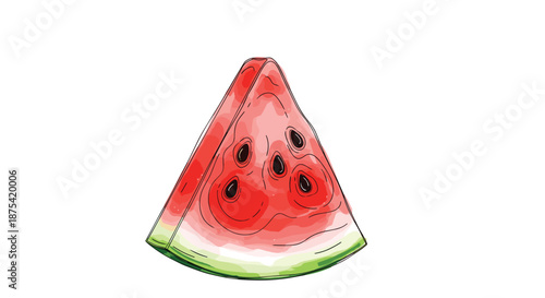 Mouth watering slice of ripe red watermelon with black seeds and a green rind in a vibrant hand drawn style for summer food themes.
