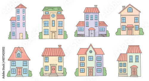 Set of eight simple and charming house illustrations in various architectural styles with colorful facades and garden bushes for real estate themes.