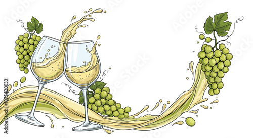 Celebratory illustration of two white wine glasses clinking together with elegant splashes and fresh green grape clusters for party invitations.