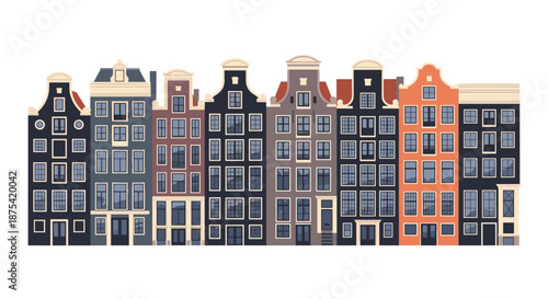 Charming illustration of traditional Dutch canal houses in various colors and sizes capturing the unique architecture of Amsterdam or Utrecht.