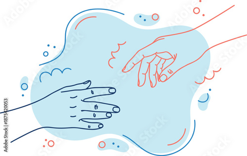 Hand illustration reaching together in minimal line art style