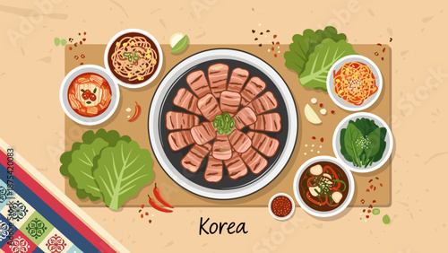 Korean barbecue with grilled pork slices and assorted side dishes, perfect for culinary marketing and food blogs focused on Korean cuisine