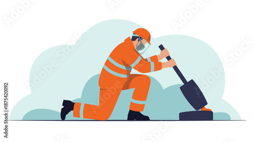 Construction worker kneeling with shovel on site