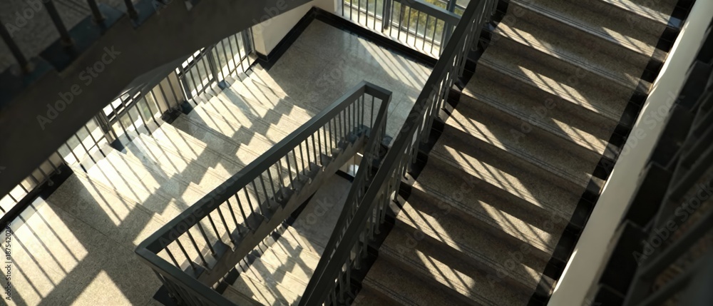 Obraz premium Sunlight Casts Repeating Grid Shadows Across Stairwell, Crisp Rails And Landings, Layered Patterns, High Contrast Interior, Strong Linear Perspective, Architectural Rhythm