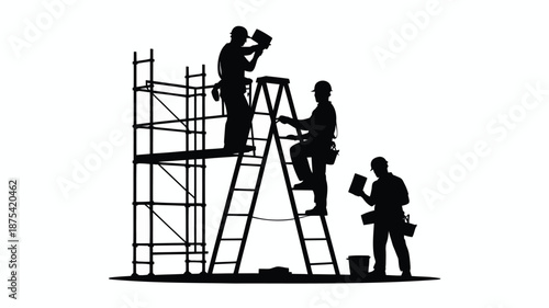 Construction workers on scaffolding and ladder working diligently