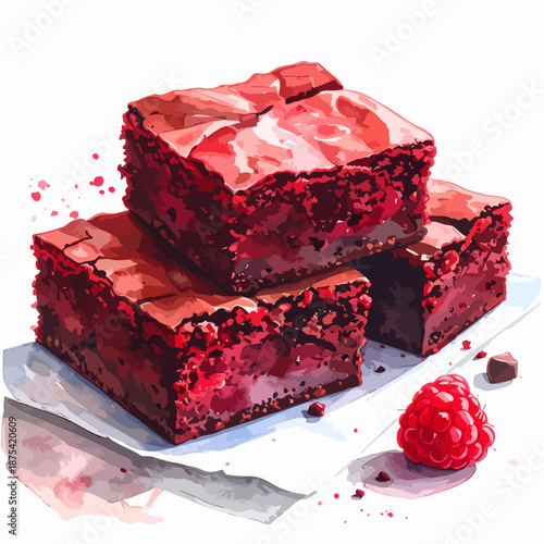 Stack of Red Velvet Brownies with Raspberry.