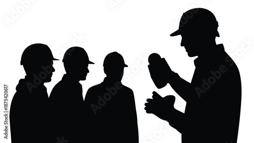 Silhouettes of construction workers discussing on site