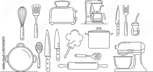 Collection of essential kitchen utensils and small appliances depicted in a clean black and white line art style for cooking and baking concepts