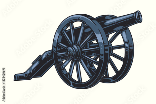 Vintage cannon on wheels, historic military weapon, isolated on white background