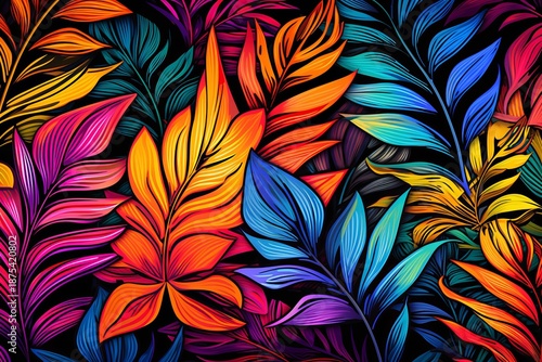 Colorful stylized leaves forming a bright, dynamic floral background on a dark backdrop