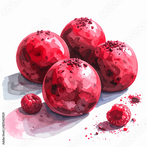 Watercolor Painting of Red Raspberries and Balls.