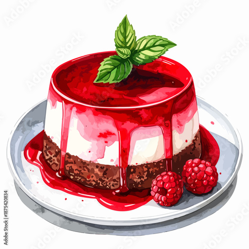 Cheesecake with Raspberry Sauce and Fresh Mint.