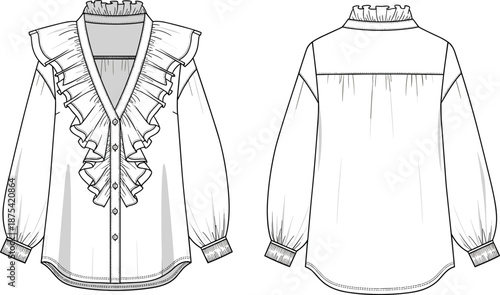 Elegant women’s blouse fashion illustration, technical vector drawing with ruffled neckline, layered front detail, long sleeves, gathered cuffs, garment construction design