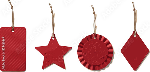 Vibrant red textured gift tags with string, featuring diverse festive shapes including star, circle, rectangle, and diamond, ideal for holiday presents, crafts, or sales labeling