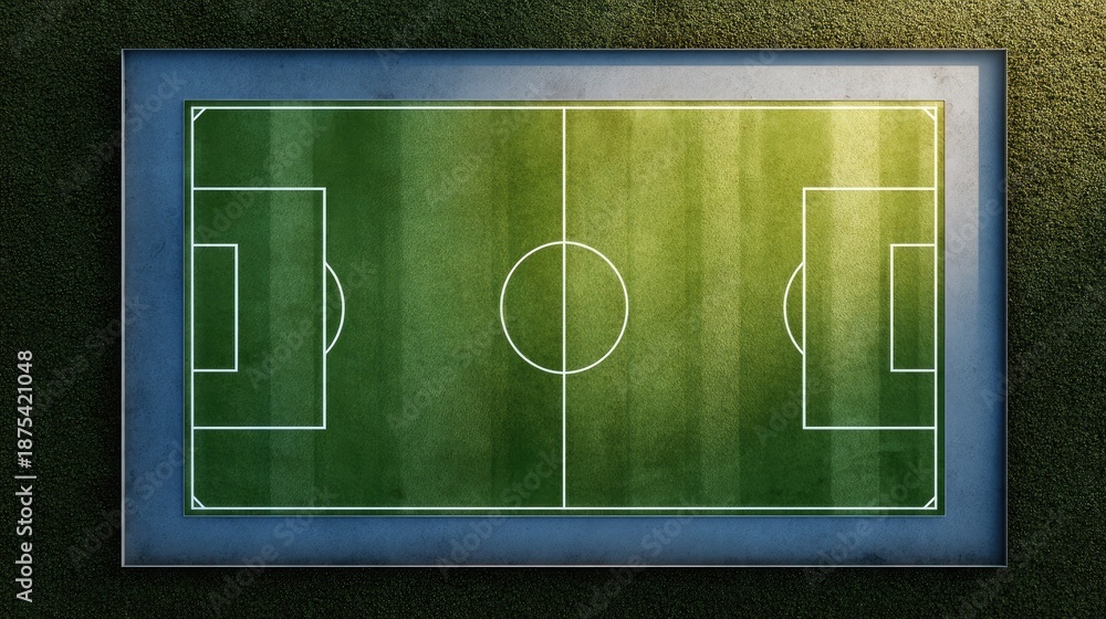 Obraz premium Aerial View of a Green Soccer Field with Markings and Goals on a Bright Day, Ideal for Sports Reports or Team Planning