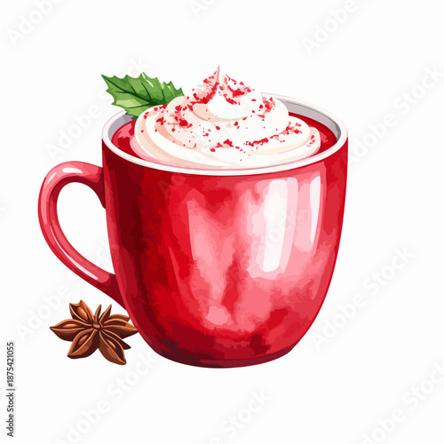 Red Mug with Whipped Cream and Spices.