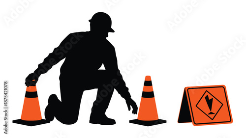 Construction worker setting up road cones and warning sign