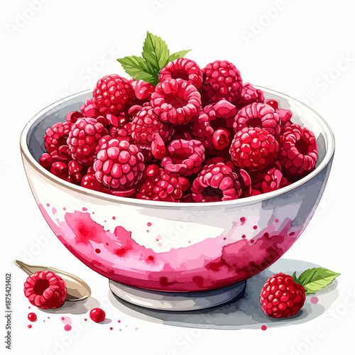 Bowl of Fresh Raspberries and Juice.
