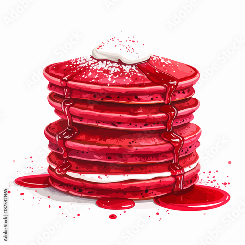 Stack of Pancakes with Strawberry Syrup and Cream.