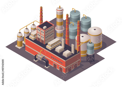 Isometric factory. Concept of industrial plant with chimney tower or pipes. Industrial bulding. 3d isolated icon. Architecture of manufacture house
