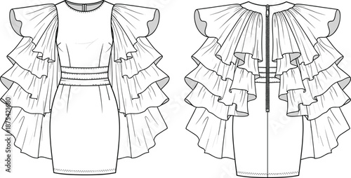Fashion illustration vector, elegant dress design with dramatic layered ruffle sleeves, front and back technical view, garment construction detail, statement couture style