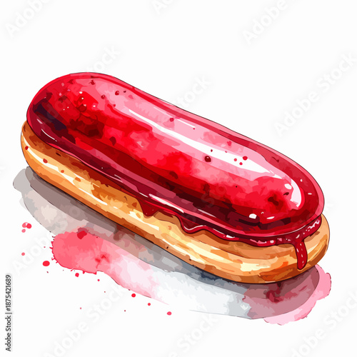 Watercolor Painting of Chocolate Eclair with Red Glaze.