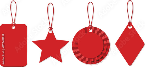 Assorted blank red tags and labels with strings, featuring rectangle, star, circular, and diamond shapes, perfect for retail pricing, gift wrapping, or promotional offers