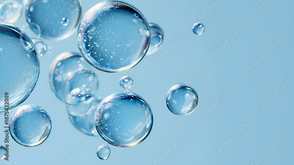 custom made wallpaper toronto digitalMacro shot of transparent blue bubbles of various sizes suspended in water, on a light blue background. Clean, minimalist, and airy composition, soft lighting and clear copy space. cosmetic concept.