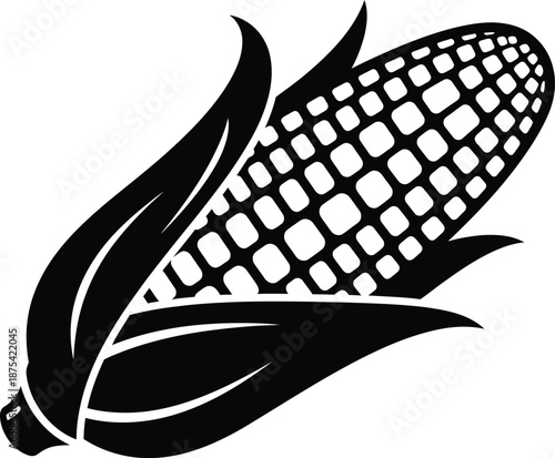 a black and white illustration depicts a single ear of corn with husk leaves partially peeled back showcasing the kernels