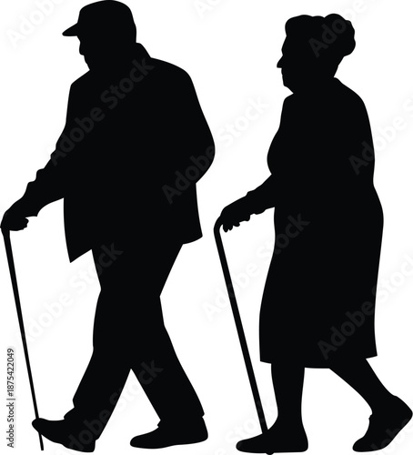 Elderly couple with walking sticks are silhouetted against white, symbolizing retirement and senior mobility challenges.