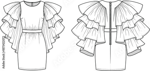 Fashion illustration vector, elegant dress design, ruffled sleeve garment, front and back view, technical drawing, apparel construction, modern clothing silhouette, zipper closure detail