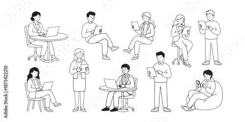 Set of business characters flat vector line art  illustration using technology