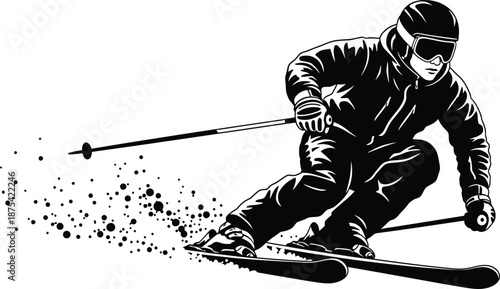 A dynamic black and white illustration depicts a skier in motion carving through snow with poles extended capturing the essence of winter sports