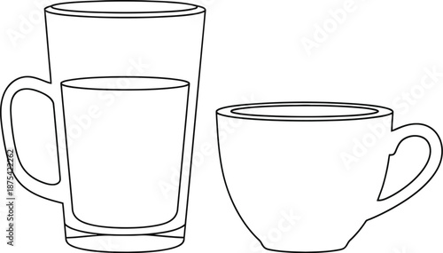 Simple black and white outline drawing featuring a tall handled glass beside a small handled coffee cup ready for beverages.