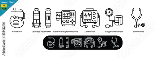 Smart Heart Systems banner web icon vector illustration of Pacemaker, Leadless Pacemaker, Electrocardiogram Machine, Defibrillator, Sphygmomanometer, Stethoscope